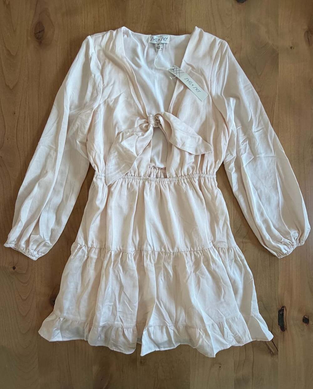 She+Sky Pink Long Sleeve Front Tie Cutout Tiered Ruffle Dress Size M